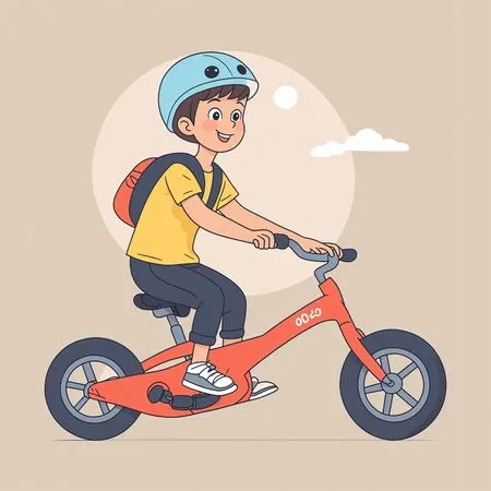 Kind, Reiten Fahrrad, Mit, Helm, Und, Ranzen  KI-Bild