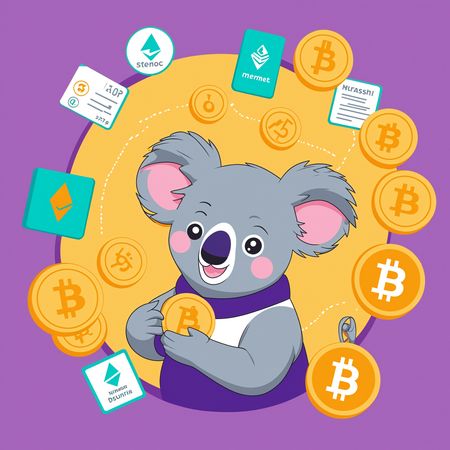 Koala Surrounded By Cryptocurrency Symbols  AI Image