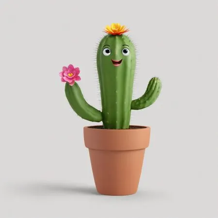Lächelnder Kaktus im Topf mit Blumen  KI-Bild