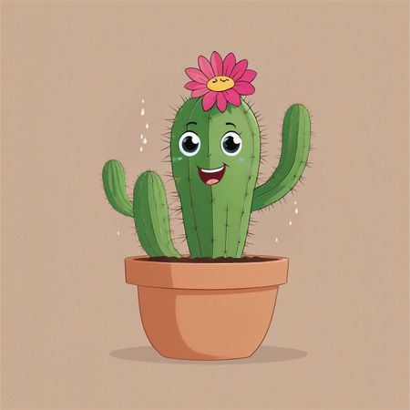 Lächelnder Kaktus mit Blume im Topf  KI-Bild