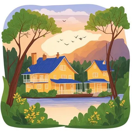 Lakeside Houses At Sunset  AI Image