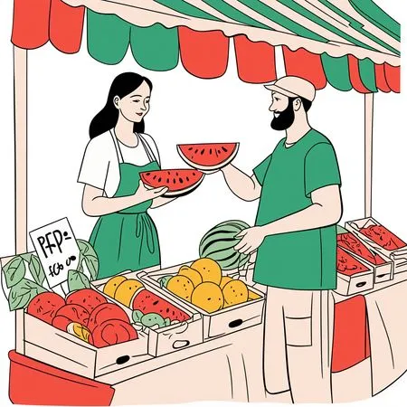 Male customer purchasing watermelon from female seller at street stall  AI Image