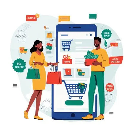 Man and Woman Doing Online Shopping Via Smartphone App  AI Image