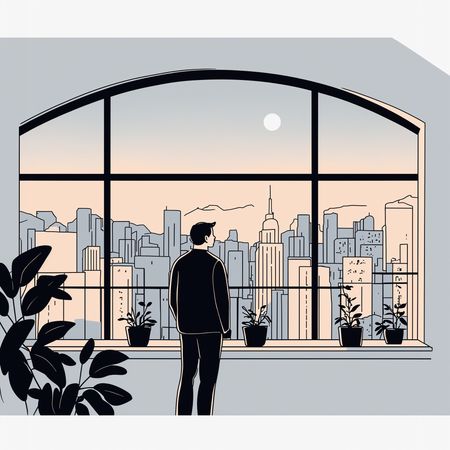Man Gazes At City Skyline Through Large Window  AI Image