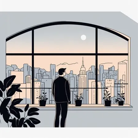 Man Gazes At City Skyline Through Large Window  AI Image