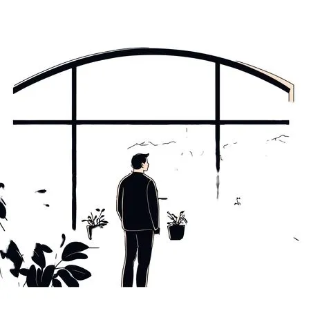 Man Gazes At City Skyline Through Large Window  AI Image