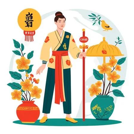 Man In Traditional Asian Attire With Floral Elements  AI Image