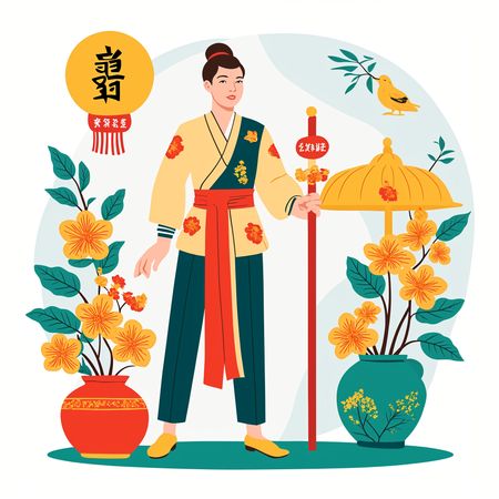 Man In Traditional Asian Attire With Floral Elements  AI Image