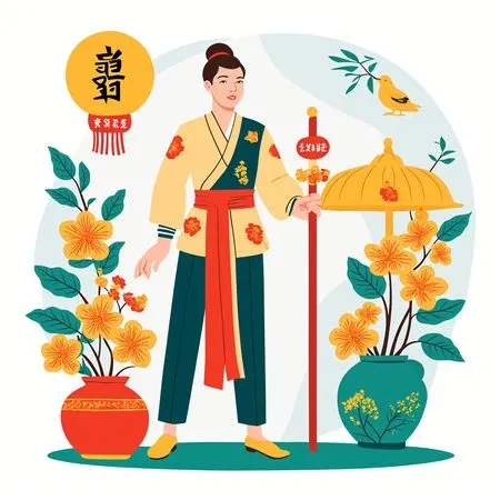 Man In Traditional Asian Attire With Floral Elements  AI Image