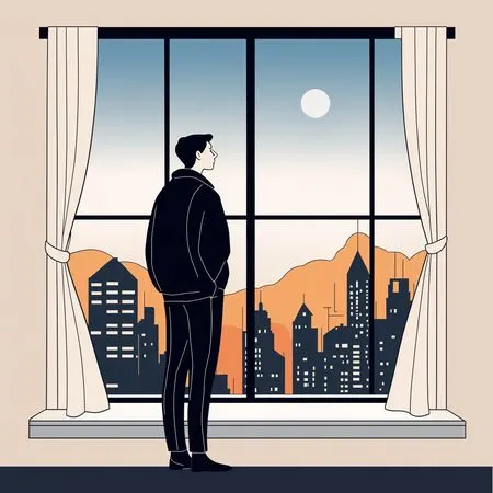 夜に窓から街の景色を眺める男性  AI画像