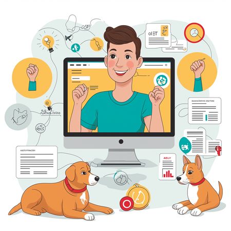 Man On A Computer Screen With Two Dogs  AI Image