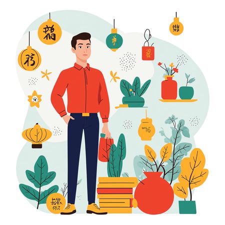 Man standing amidst a collection of decorative Asian elements  AI Image