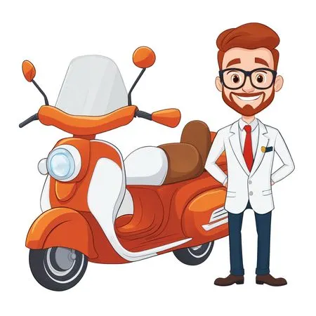 Man wearing a suit is standing besides a scooter  AI Image