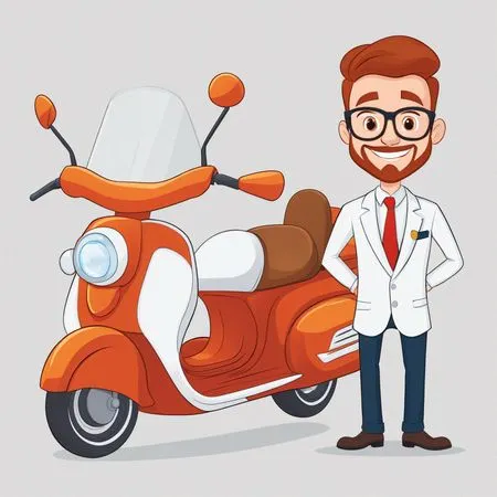 Man wearing a suit is standing besides a scooter  AI Image