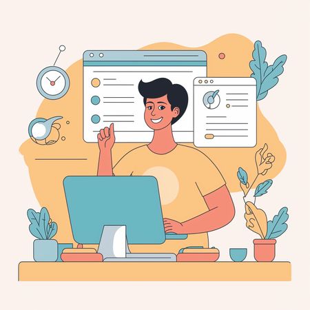 Mann arbeitet am Computer am Arbeitsplatz  KI-Bild