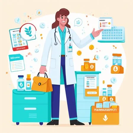 Médico com medicamentos e elementos de farmácia  Imagem de IA