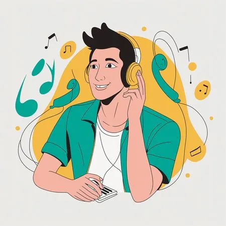 Menino curtindo música com fones de ouvido  Imagem de IA