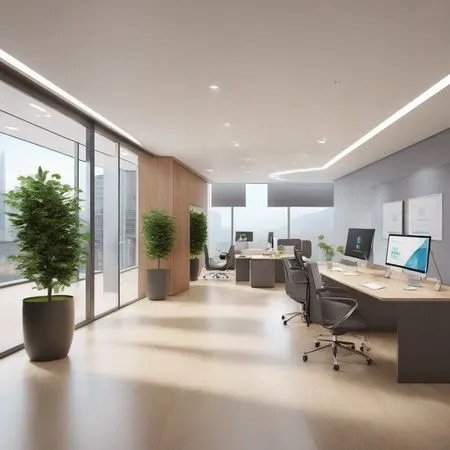 Modern Office Space With Natural Light And Greenery  AI Image