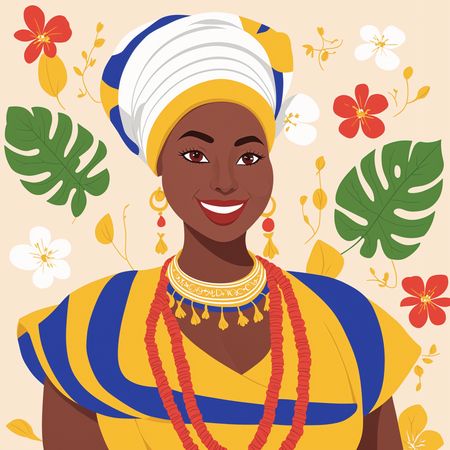 Mujer africana con atuendo tradicional y fondo floral  Imagen AI