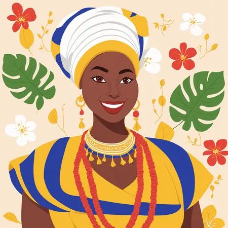 Mujer africana con atuendo tradicional y fondo floral  Imagen AI