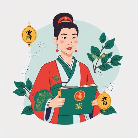 Mujer china con ropa tradicional y sosteniendo un libro  Imagen AI