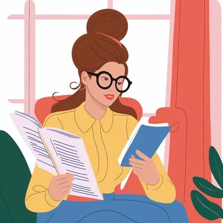 Mulher lendo livros sentada em ambientes fechados  Imagem de IA
