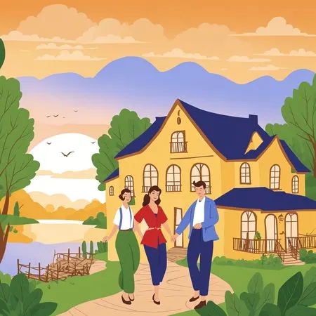 People Walking By House At Sunset  AI Image