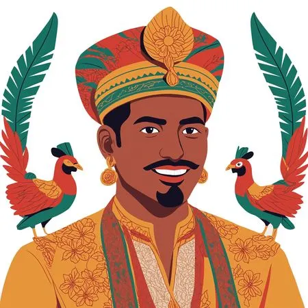 Person wearing traditional attire with exotic birds on shoulders  AI Image
