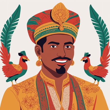 Persona vestida con atuendo tradicional con aves exóticas en los hombros.  Imagen AI