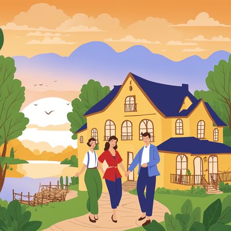Des gens marchent devant une maison au coucher du soleil  Image IA