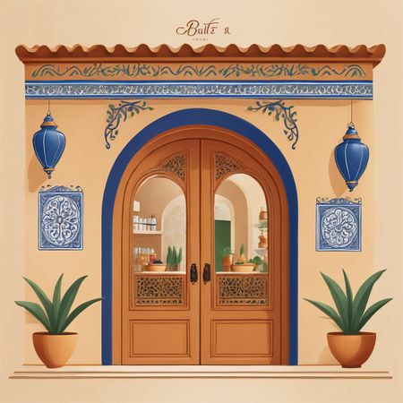 Porte d'entrée ornée de style méditerranéen avec des accents bleus  Image IA