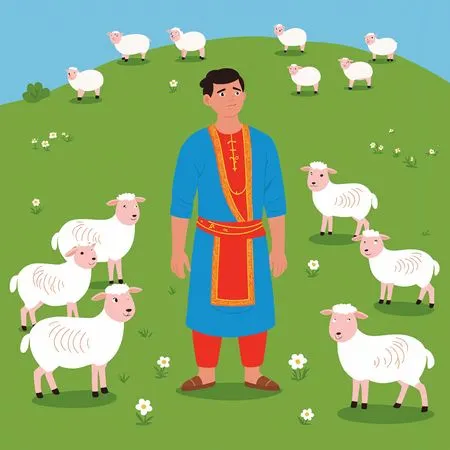 Shepherd With Sheep In A Meadow  AI Image