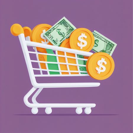 お金とコインが入ったショッピングカート  AI画像
