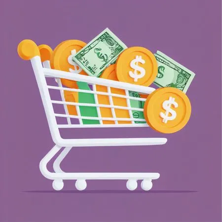 お金とコインが入ったショッピングカート  AI画像