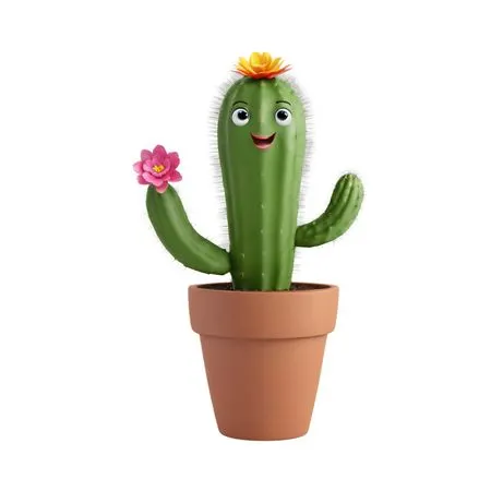 Smiling Cactus In Pot With Flowers  AI Image