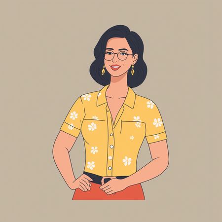 Smiling Woman Wearing Glasses And A Floral Shirt  AI Image