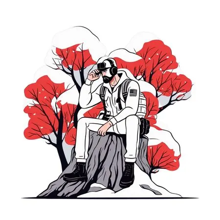 눈 덮인 산에서 VR 헤드셋을 착용한 군인 AI 이미지