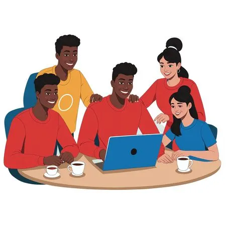 Team Collaborating Around A Laptop  AI Image