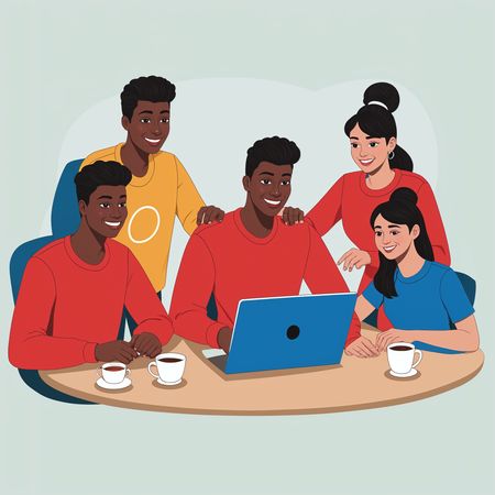 Team Collaborating Around A Laptop  AI Image