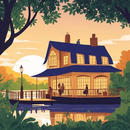 Tranquil Lake House At Sunset  AI Image