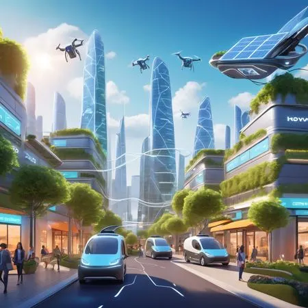 Ville futuriste avec drones et véhicules autonomes  Image IA