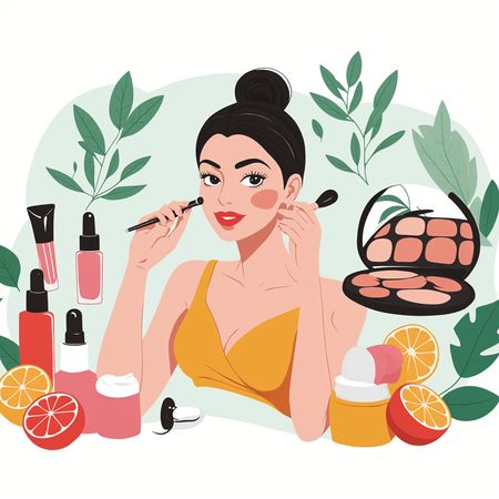 Woman Applying Makeup Surrounded By Beauty Products  AI Image