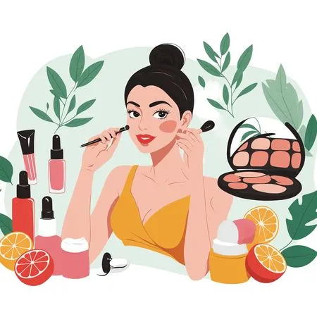 Woman Applying Makeup Surrounded By Beauty Products  AI Image