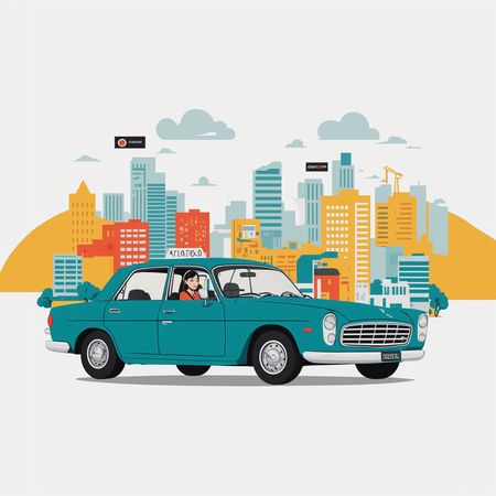 Woman driving a vintage car through an urban  AI Image