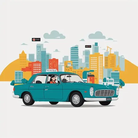 Woman driving a vintage car through an urban  AI Image