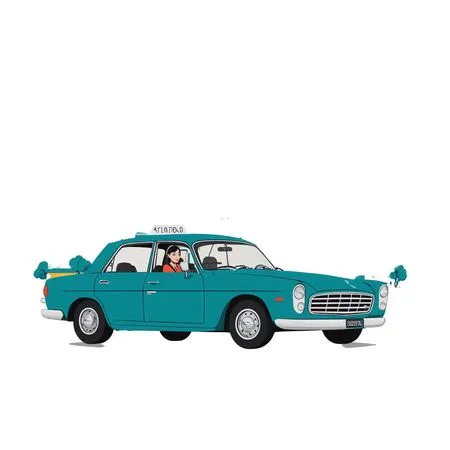 Woman driving a vintage car through an urban  AI Image