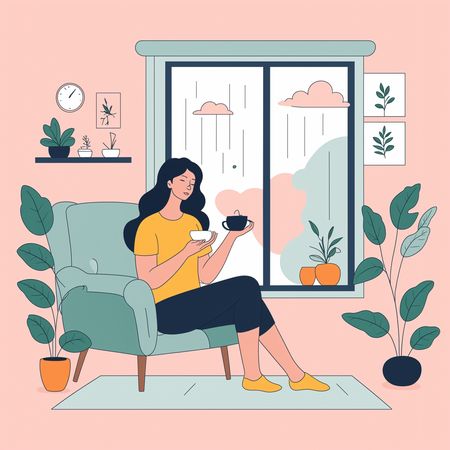 Woman Enjoying Tea at home On Rainy Day  AI Image