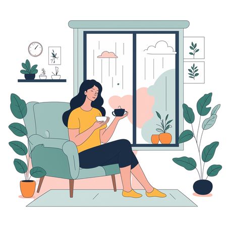 Woman Enjoying Tea at home On Rainy Day  AI Image