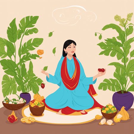Woman Meditating With Fruits And Plants  AI Image