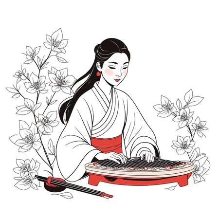 Woman Playing A Traditional Koto With Floral Backdrop  AI Image